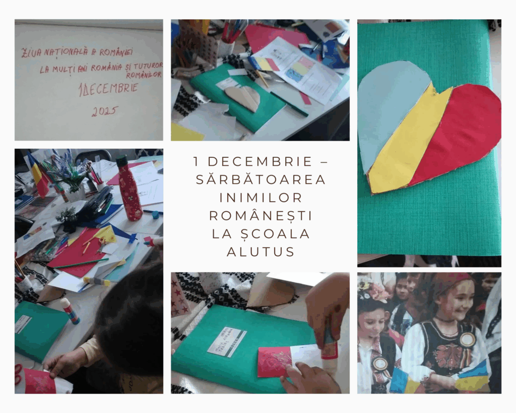 În cadrul lecției speciale de weekend din 30 noiembrie, copiii Școlii ALUTUS au sărbătorit Ziua Națională a României cu emoție, culoare și mândrie românească. Activitatea intitulată „1 Decembrie – Sărbătoarea Inimilor Românești” a adus împreună tradiție, istorie și creativitate într-o atmosferă caldă, plină de zâmbete și entuziasm.